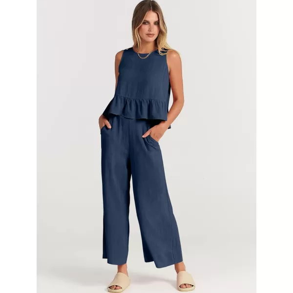 imageANRABESS Womens Summer 2 Piece Outfits Sleeveless Tank Crop Top Wide Leg Pants Linen Lounge Matching SetsNavy Blue