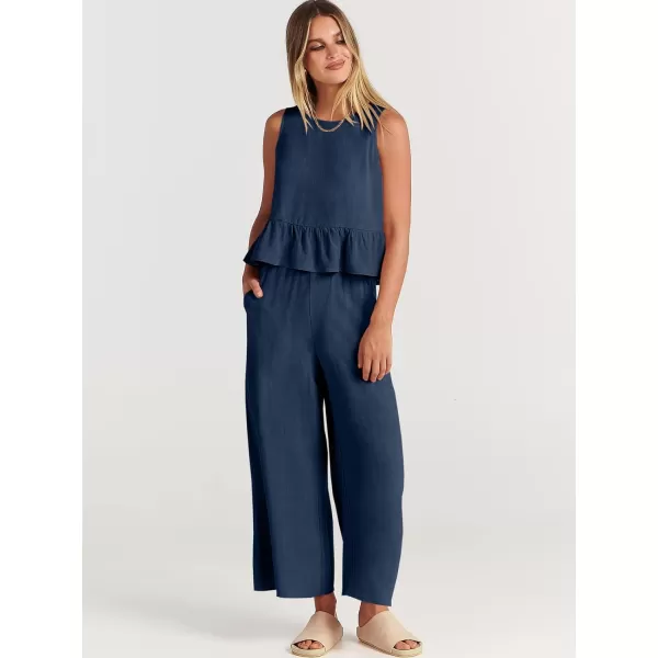 imageANRABESS Womens Summer 2 Piece Outfits Sleeveless Tank Crop Top Wide Leg Pants Linen Lounge Matching SetsNavy Blue