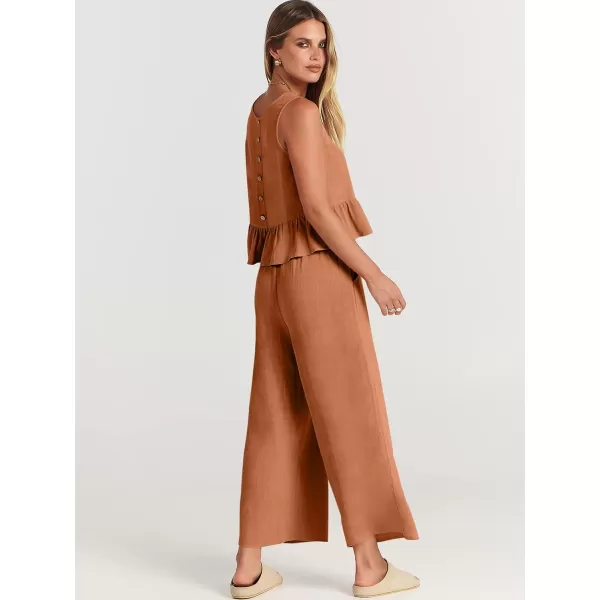 imageANRABESS Womens Summer 2 Piece Outfits Sleeveless Tank Crop Top Wide Leg Pants Linen Lounge Matching SetsOrange