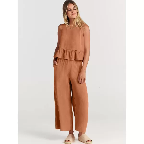 imageANRABESS Womens Summer 2 Piece Outfits Sleeveless Tank Crop Top Wide Leg Pants Linen Lounge Matching SetsOrange