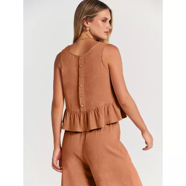 imageANRABESS Womens Summer 2 Piece Outfits Sleeveless Tank Crop Top Wide Leg Pants Linen Lounge Matching SetsOrange
