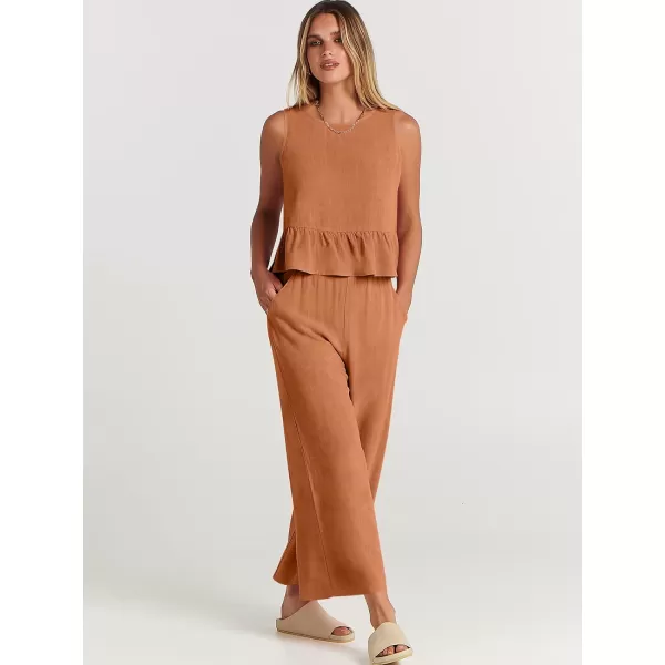 imageANRABESS Womens Summer 2 Piece Outfits Sleeveless Tank Crop Top Wide Leg Pants Linen Lounge Matching SetsOrange