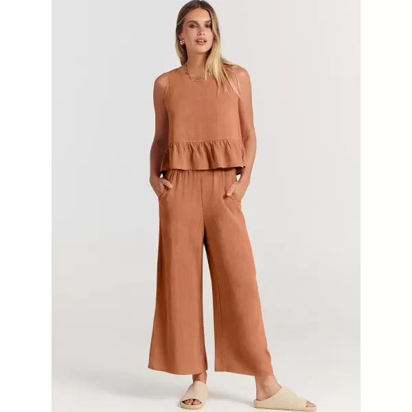 imageANRABESS Womens Summer 2 Piece Outfits Sleeveless Tank Crop Top Wide Leg Pants Linen Lounge Matching SetsOrange