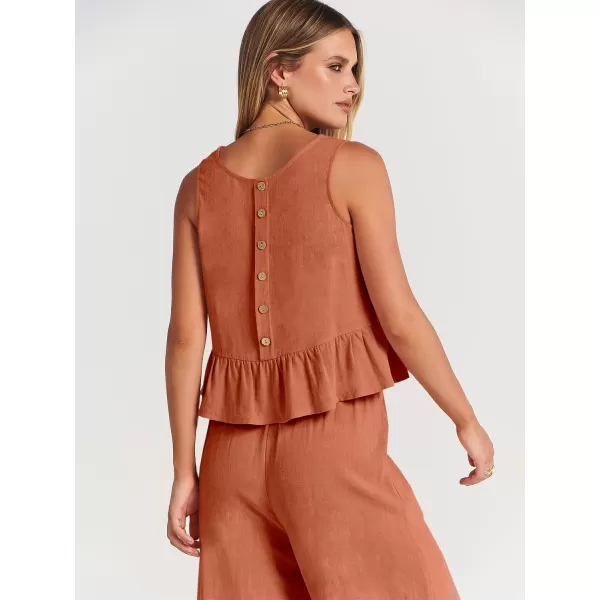 imageANRABESS Womens Summer 2 Piece Outfits Sleeveless Tank Crop Top Wide Leg Pants Linen Lounge Matching SetsOrange Rust