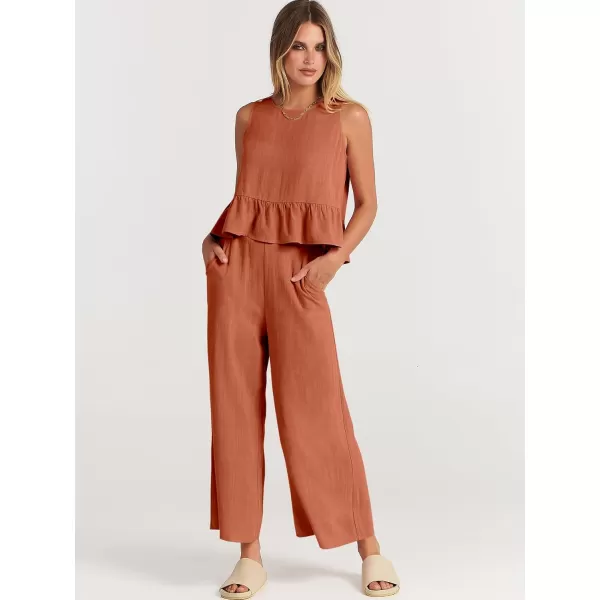 imageANRABESS Womens Summer 2 Piece Outfits Sleeveless Tank Crop Top Wide Leg Pants Linen Lounge Matching SetsOrange Rust