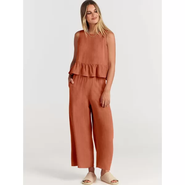 imageANRABESS Womens Summer 2 Piece Outfits Sleeveless Tank Crop Top Wide Leg Pants Linen Lounge Matching SetsOrange Rust