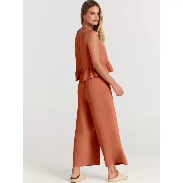 imageANRABESS Womens Summer 2 Piece Outfits Sleeveless Tank Crop Top Wide Leg Pants Linen Lounge Matching SetsOrange Rust