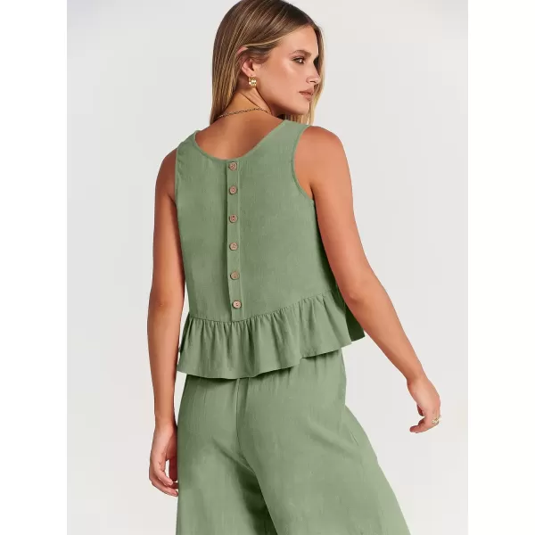 imageANRABESS Womens Summer 2 Piece Outfits Sleeveless Tank Crop Top Wide Leg Pants Linen Lounge Matching SetsPea Green