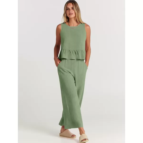 imageANRABESS Womens Summer 2 Piece Outfits Sleeveless Tank Crop Top Wide Leg Pants Linen Lounge Matching SetsPea Green