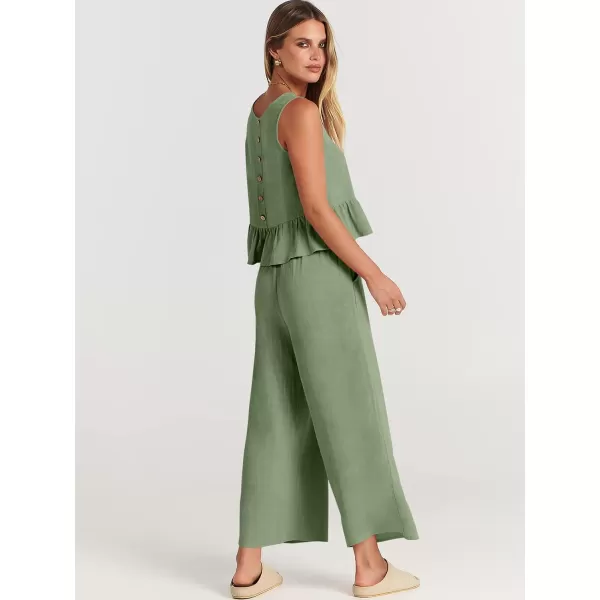 imageANRABESS Womens Summer 2 Piece Outfits Sleeveless Tank Crop Top Wide Leg Pants Linen Lounge Matching SetsPea Green