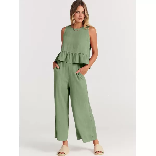 imageANRABESS Womens Summer 2 Piece Outfits Sleeveless Tank Crop Top Wide Leg Pants Linen Lounge Matching SetsPea Green