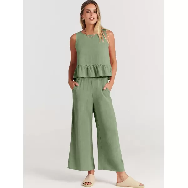 imageANRABESS Womens Summer 2 Piece Outfits Sleeveless Tank Crop Top Wide Leg Pants Linen Lounge Matching SetsPea Green