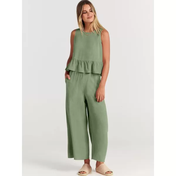 imageANRABESS Womens Summer 2 Piece Outfits Sleeveless Tank Crop Top Wide Leg Pants Linen Lounge Matching SetsPea Green