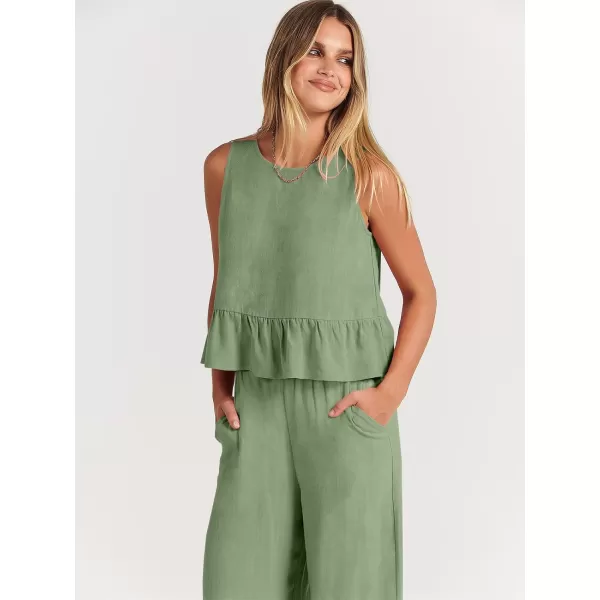 imageANRABESS Womens Summer 2 Piece Outfits Sleeveless Tank Crop Top Wide Leg Pants Linen Lounge Matching SetsPea Green