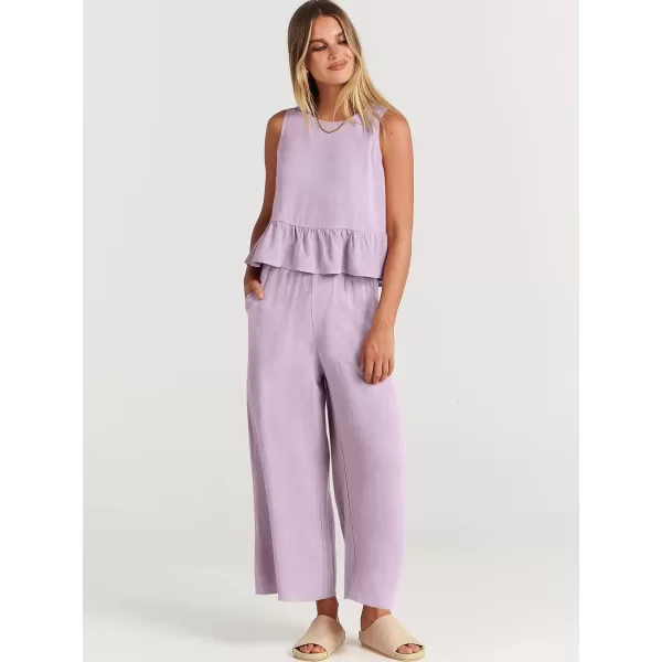 imageANRABESS Womens Summer 2 Piece Outfits Sleeveless Tank Crop Top Wide Leg Pants Linen Lounge Matching SetsPurple