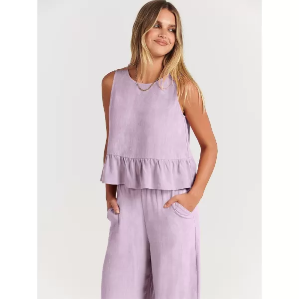imageANRABESS Womens Summer 2 Piece Outfits Sleeveless Tank Crop Top Wide Leg Pants Linen Lounge Matching SetsPurple