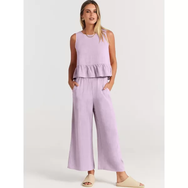 imageANRABESS Womens Summer 2 Piece Outfits Sleeveless Tank Crop Top Wide Leg Pants Linen Lounge Matching SetsPurple