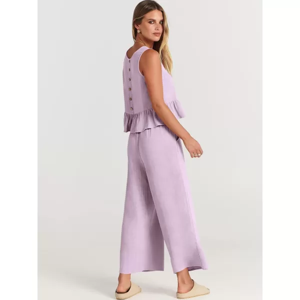 imageANRABESS Womens Summer 2 Piece Outfits Sleeveless Tank Crop Top Wide Leg Pants Linen Lounge Matching SetsPurple