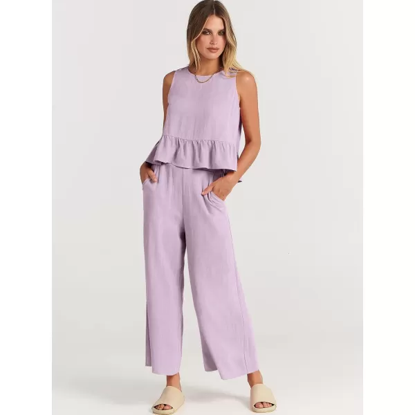 imageANRABESS Womens Summer 2 Piece Outfits Sleeveless Tank Crop Top Wide Leg Pants Linen Lounge Matching SetsPurple