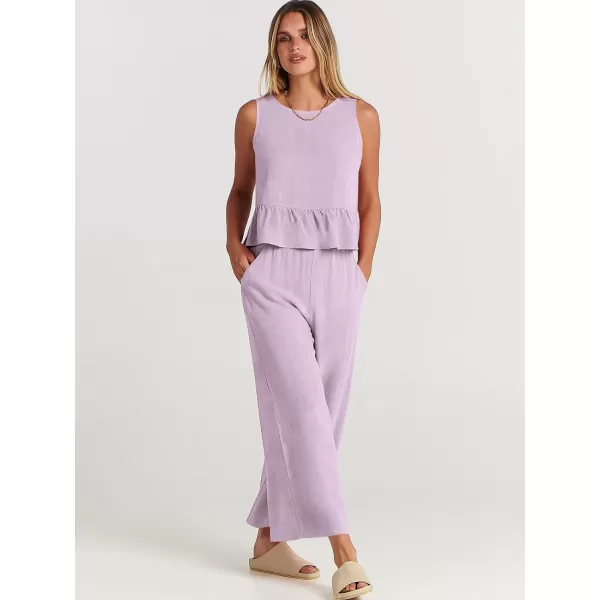 imageANRABESS Womens Summer 2 Piece Outfits Sleeveless Tank Crop Top Wide Leg Pants Linen Lounge Matching SetsPurple
