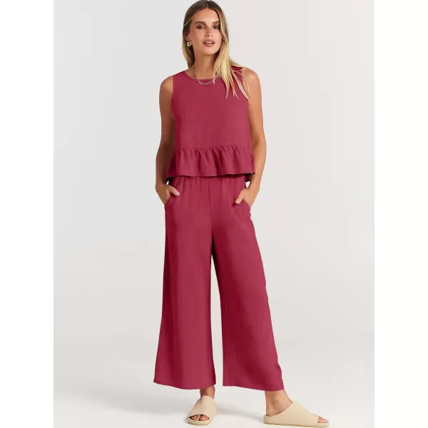 imageANRABESS Womens Summer 2 Piece Outfits Sleeveless Tank Crop Top Wide Leg Pants Linen Lounge Matching SetsRed