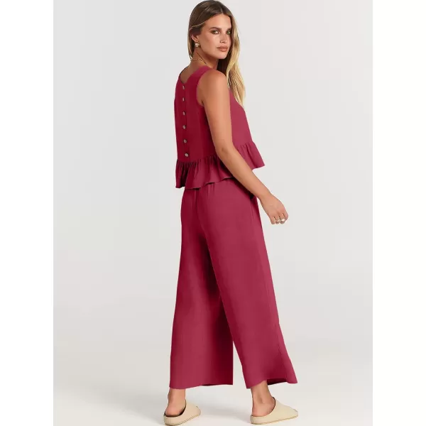imageANRABESS Womens Summer 2 Piece Outfits Sleeveless Tank Crop Top Wide Leg Pants Linen Lounge Matching SetsRed