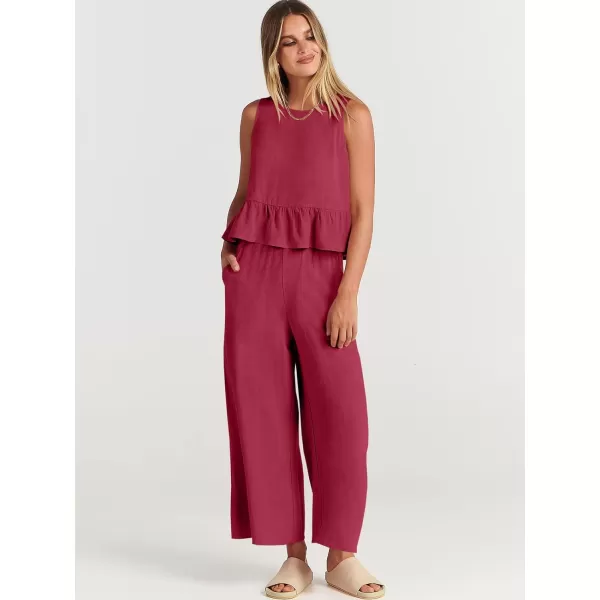imageANRABESS Womens Summer 2 Piece Outfits Sleeveless Tank Crop Top Wide Leg Pants Linen Lounge Matching SetsRed