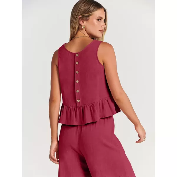imageANRABESS Womens Summer 2 Piece Outfits Sleeveless Tank Crop Top Wide Leg Pants Linen Lounge Matching SetsRed