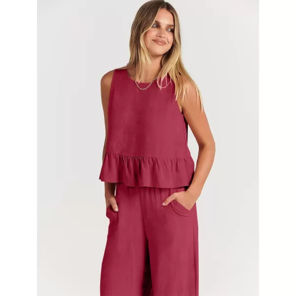 imageANRABESS Womens Summer 2 Piece Outfits Sleeveless Tank Crop Top Wide Leg Pants Linen Lounge Matching SetsRed