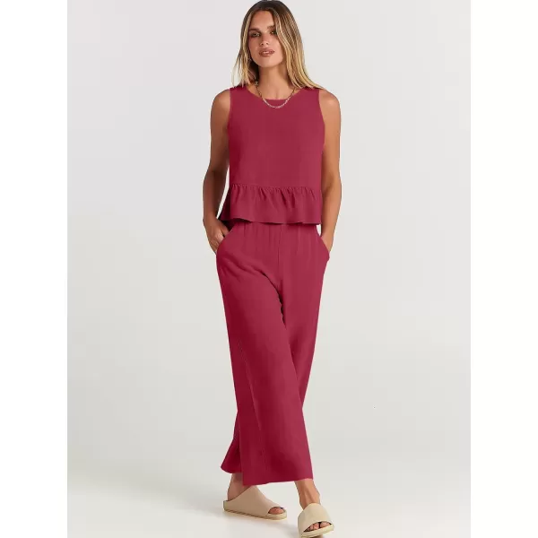 imageANRABESS Womens Summer 2 Piece Outfits Sleeveless Tank Crop Top Wide Leg Pants Linen Lounge Matching SetsRed
