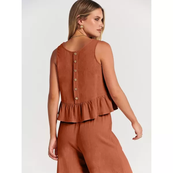 imageANRABESS Womens Summer 2 Piece Outfits Sleeveless Tank Crop Top Wide Leg Pants Linen Lounge Matching SetsRust
