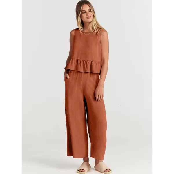 imageANRABESS Womens Summer 2 Piece Outfits Sleeveless Tank Crop Top Wide Leg Pants Linen Lounge Matching SetsRust