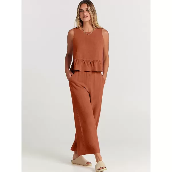imageANRABESS Womens Summer 2 Piece Outfits Sleeveless Tank Crop Top Wide Leg Pants Linen Lounge Matching SetsRust