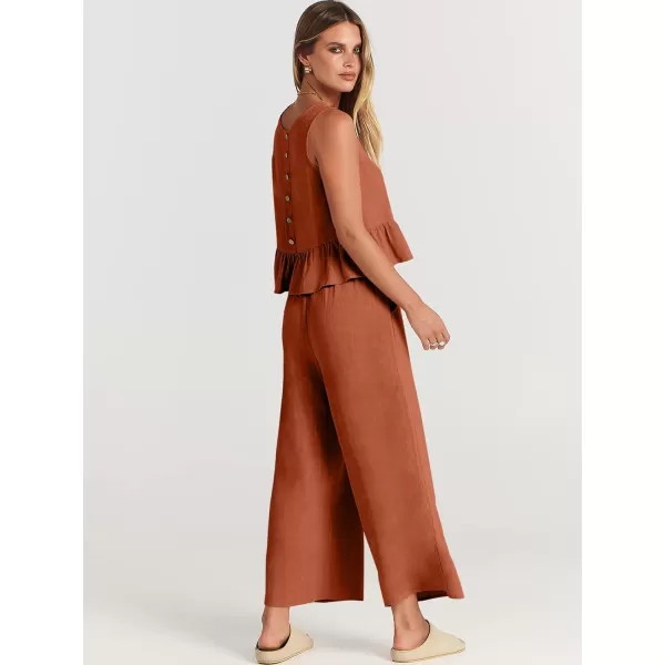 imageANRABESS Womens Summer 2 Piece Outfits Sleeveless Tank Crop Top Wide Leg Pants Linen Lounge Matching SetsRust