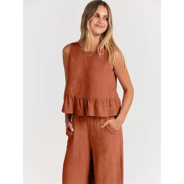 imageANRABESS Womens Summer 2 Piece Outfits Sleeveless Tank Crop Top Wide Leg Pants Linen Lounge Matching SetsRust