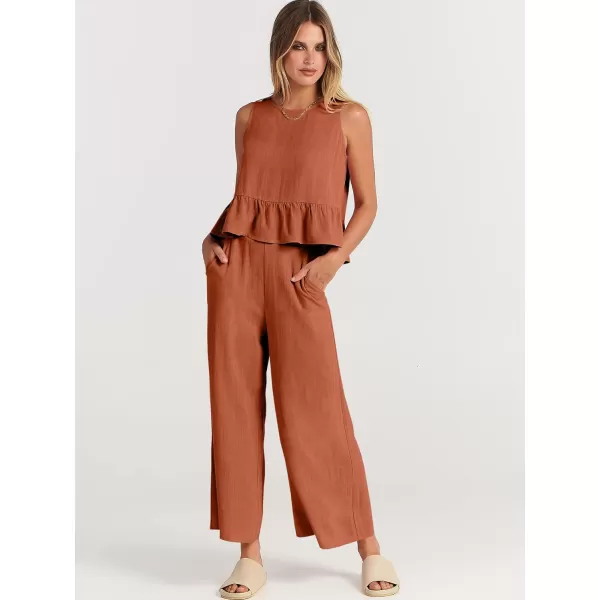 imageANRABESS Womens Summer 2 Piece Outfits Sleeveless Tank Crop Top Wide Leg Pants Linen Lounge Matching SetsRust