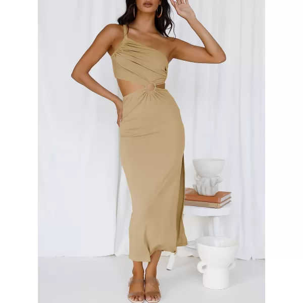 imageANRABESS Womens Summer Bodycon Maxi Dress One Shoulder Sleeveless Sexy Cut Out Formal Party DressKhaki