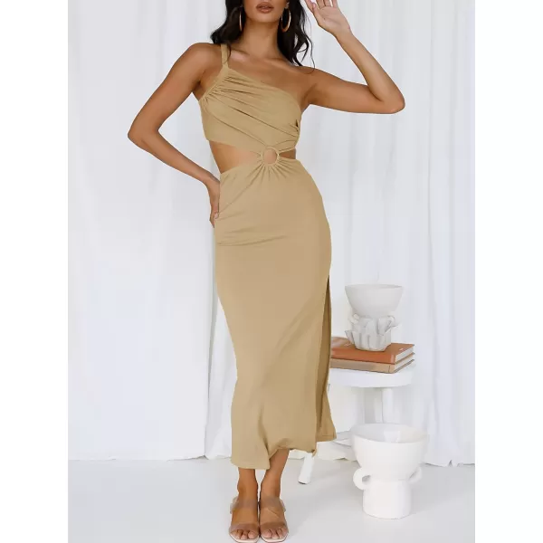 imageANRABESS Womens Summer Bodycon Maxi Dress One Shoulder Sleeveless Sexy Cut Out Formal Party DressKhaki