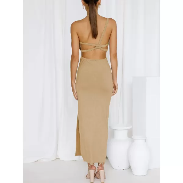 imageANRABESS Womens Summer Bodycon Maxi Dress One Shoulder Sleeveless Sexy Cut Out Formal Party DressKhaki