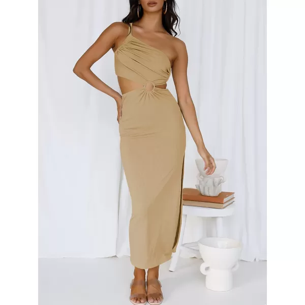imageANRABESS Womens Summer Bodycon Maxi Dress One Shoulder Sleeveless Sexy Cut Out Formal Party DressKhaki