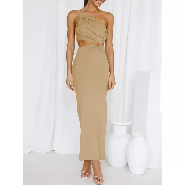 imageANRABESS Womens Summer Bodycon Maxi Dress One Shoulder Sleeveless Sexy Cut Out Formal Party DressKhaki