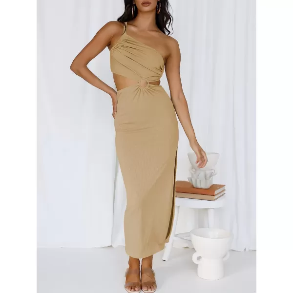 imageANRABESS Womens Summer Bodycon Maxi Dress One Shoulder Sleeveless Sexy Cut Out Formal Party DressKhaki