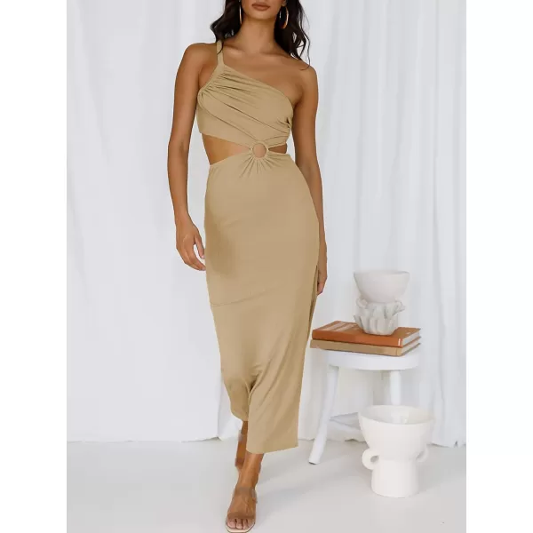 imageANRABESS Womens Summer Bodycon Maxi Dress One Shoulder Sleeveless Sexy Cut Out Formal Party DressKhaki