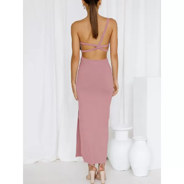 imageANRABESS Womens Summer Bodycon Maxi Dress One Shoulder Sleeveless Sexy Cut Out Formal Party DressPink