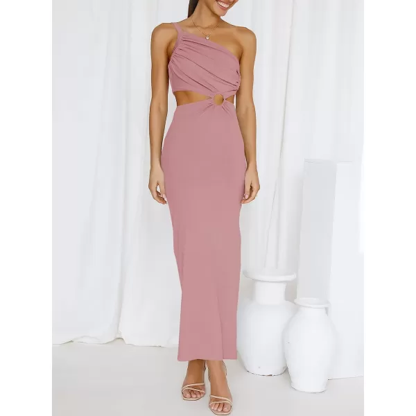 imageANRABESS Womens Summer Bodycon Maxi Dress One Shoulder Sleeveless Sexy Cut Out Formal Party DressPink