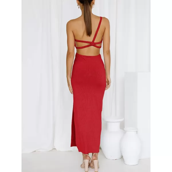 imageANRABESS Womens Summer Bodycon Maxi Dress One Shoulder Sleeveless Sexy Cut Out Formal Party DressRed