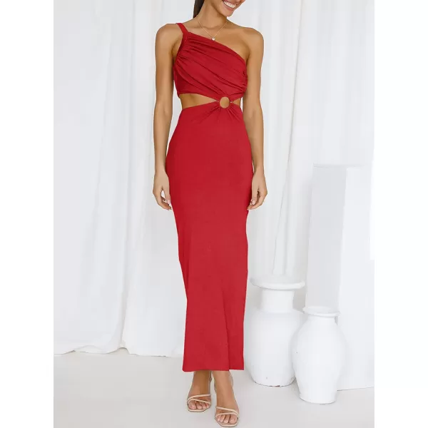 imageANRABESS Womens Summer Bodycon Maxi Dress One Shoulder Sleeveless Sexy Cut Out Formal Party DressRed