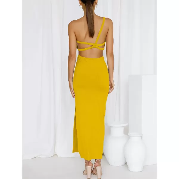 imageANRABESS Womens Summer Bodycon Maxi Dress One Shoulder Sleeveless Sexy Cut Out Formal Party DressYellow