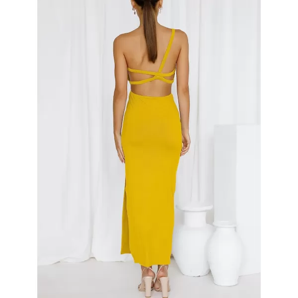 imageANRABESS Womens Summer Bodycon Maxi Dress One Shoulder Sleeveless Sexy Cut Out Formal Party DressYellow