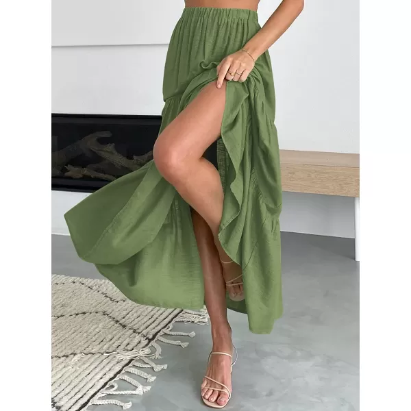 imageANRABESS Womens Summer Boho Elastic Waist Pleated ALine Flowy Swing Tiered Long Beach Skirt Dress with PocketsArmygreen